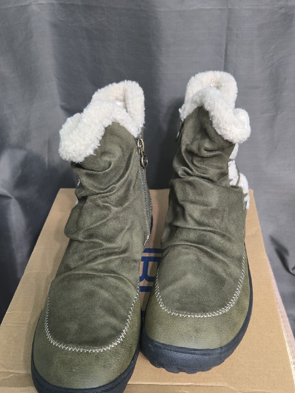JBU Olive Green Suede Ankle Booties with Cream Faux Shearling Trim